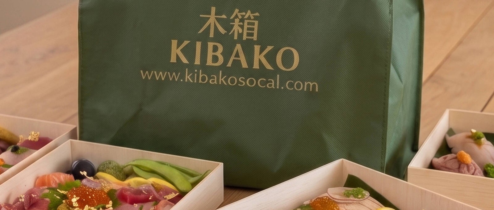 Kibako sushi presented in pale wooden boxes